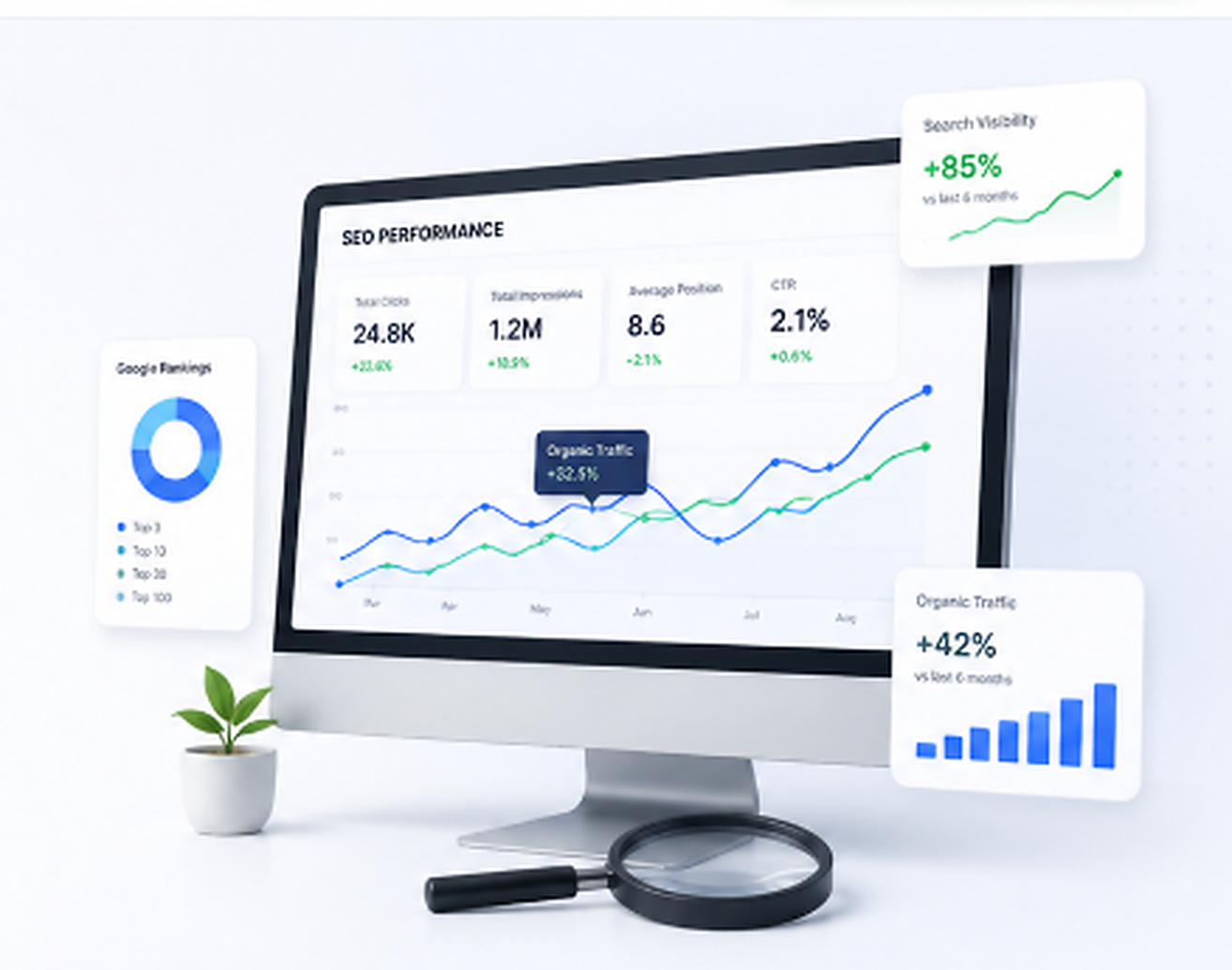 SEO performance dashboard showing search visibility, rankings and organic traffic growth