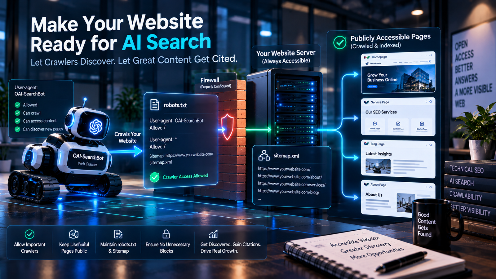 Website crawler access and technical setup supporting ChatGPT Search discovery