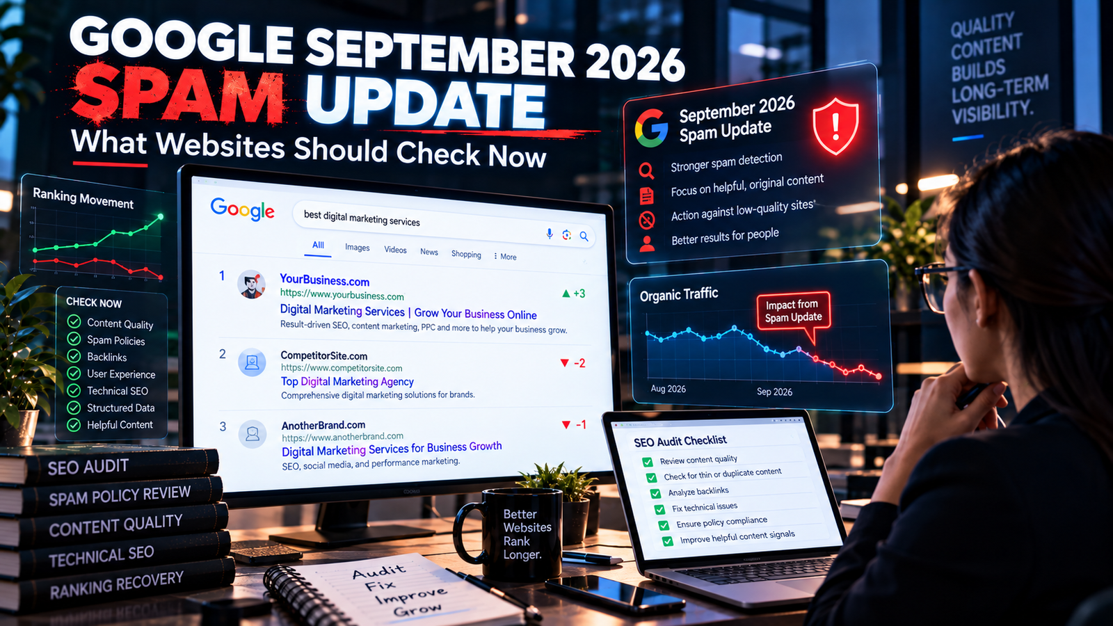 Google September 2026 Spam Update with SEO analyst reviewing website search visibility