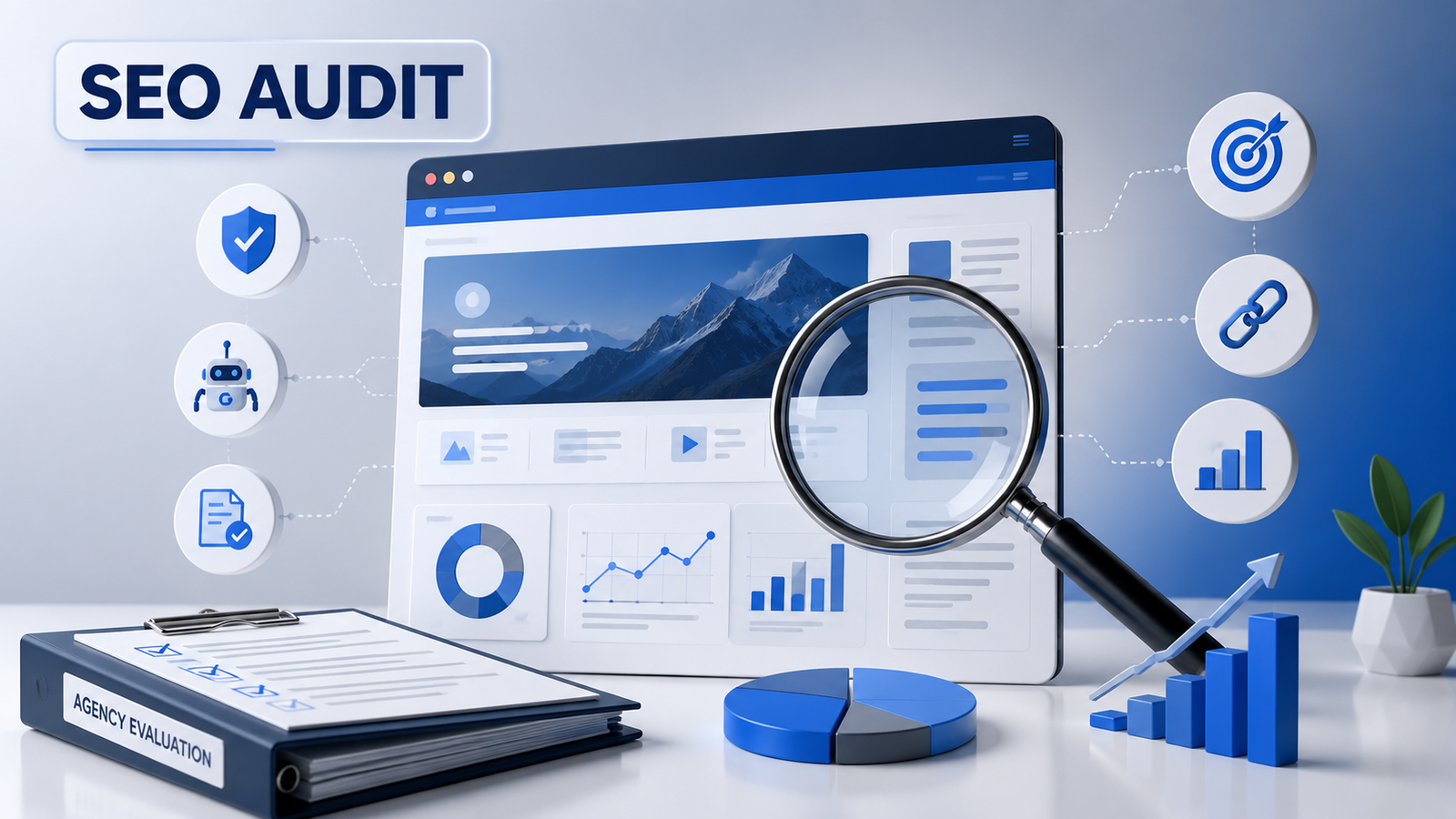 Premium illustration of a website being evaluated through an SEO audit before hiring an SEO agency