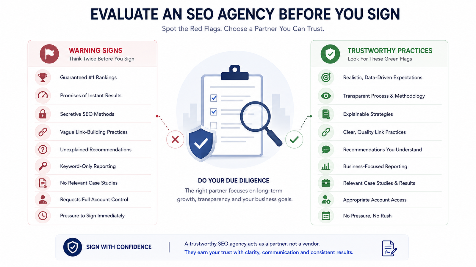 SEO agency due diligence graphic showing common hiring red flags and trustworthy practices
