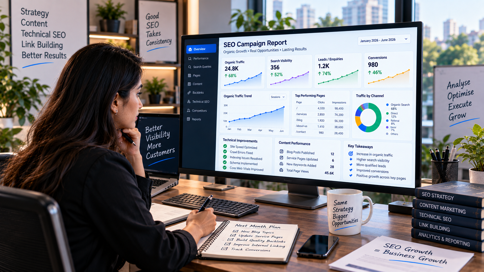 SEO specialist analyzing organic search performance, leads and campaign work.